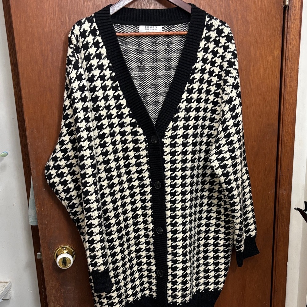 Brunette the Label Black and White Houndstooth long line Cardigan